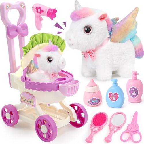 Toylink Einhorn Kuscheltier Spielzeug für Mädchen Elektrischer Plüsch Einhorn der Läuft und Nicken mit Kinderwagen Interaktives Haustier Spielzeug Geschenke für Mädchen 3 4 5 6 Jahre von Toylink