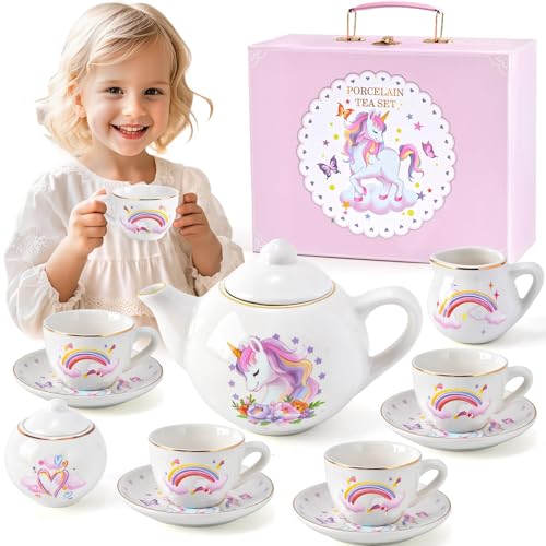 Toylink Tee Set Kinder Porzellan Teeservice Einhorn Geschenke für Mädchen 3 4 5 6 7 Jahre, Porzellan Teekanne Set mit Teetassen Zuckerdose Milchkännchen Tragekoffer Einhorn Tee Party Einhorn Spielzeug Toylink Tee Set Kinder Porzellan Teeservice Einhorn Geschenke für Mädchen 3 4 5 6 7 Jahre, Porzellan Teekanne Set mit Teetassen Zuckerdose Milchkännchen Tragekoffer Einhorn Tee Party Einhorn Spielzeug von Toylink