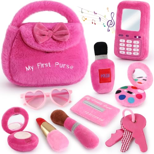 Toylink Geschenk Mädchen 2 3 4 5 Jahre, Rollenspiel Kinder mit Plüsch Handtasche, Handy mit Soundfunktion, Schminkset, Brille, Schlüssel, Kreditkarten, Mädchen Spielzeug Plüsch Geschenkideen Kinder von Toylink