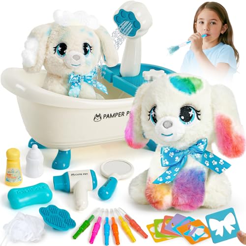 Toylink Hund Spielzeug Kinder, Hund Kuscheltier mit Drück-Wasser-Badewanne & Waschbaren Buntstifte, Kreatives Geschenk Mädchen 4 5 6 7 8 Jahre für Geburtstag Weihnachten von Toylink
