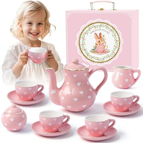 Toylink Rosa Teeservice Kinder Porzellan Tee Set Geschenke Mädchen 3 4 5 6 7 Jahre, Porzellan Teekanne Set mit Teetassen Zuckerdose Milchkännchen Tragekoffer Puppengeschir Tee Party Spielzeug Geschenk von Toylink