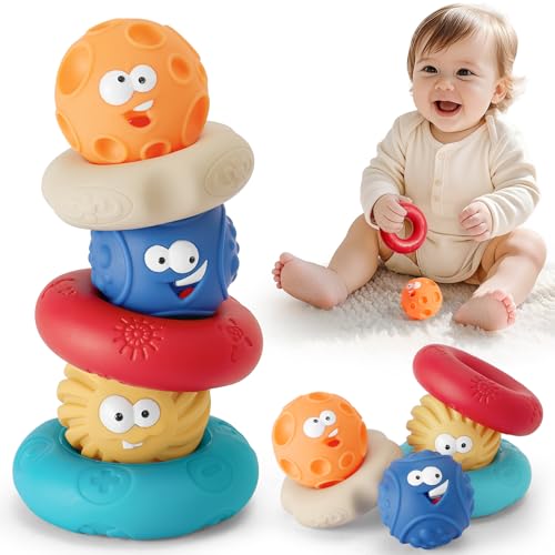 Toylink Stapelspielzeug Baby Bausteine Stapelturm Geschenk Baby 6 12 18 Monate Squeeze Zahnen Beißspielzeug mit Beißball Weiche Sensorik Montessori Spielzeug Junge Mädchen ab 1 Jahr von Toylink