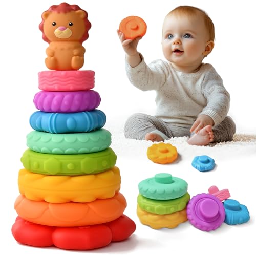 Toylink Stapelspielzeug Regenbogen Stapelturm Geschenk Baby 6 12 18 Monate Squeeze Zahnen Beißspielzeug Beißringe mit Löwefigur Bunt Sensorik Montessori Spielzeug Früherziehung Baby Junge Mädchen von Toylink