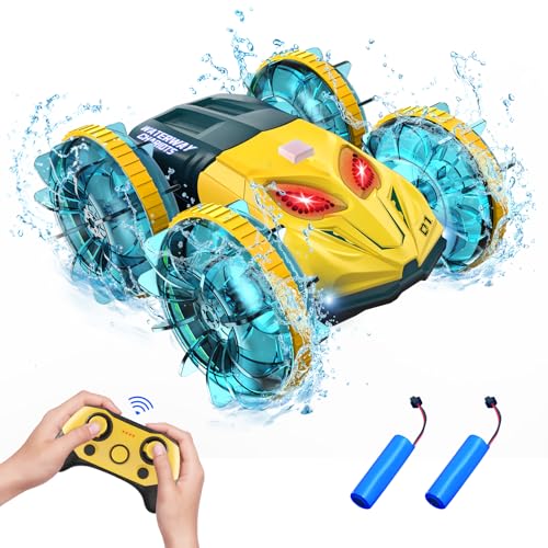 Toyone Amphibienfahrzeug Ferngesteuertes Auto RC Car Weihnachten Geburtstags Geschenke 360° Drehung, Doppelseitiges Fahren, Bunte Lichter, Outdoor&Indoor All-Terrain Kinder Spielzeug(Gelb) von Toyone