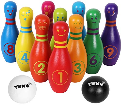 Bowling Kinder Holzspielzeug - Kegelspiel für Kinder groß mit Gesichtsgefühlen und Zahlen - Bowlingset mit 12 Kegeln und 2 Bowlingkugeln aus Holz - Holzspielzeug für 2 Jahre Kleinkinder von Toys of Wood Oxford