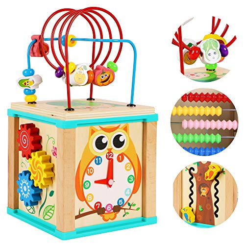 Motorikwürfel Perlen Labyrinth Holzspielzeug-Activity Würfel für Babys aus Holz-Motorikschleife-5 Aktivitäten Abacus Counting Achterbahn Beads Maze-Frühes Lernspielzeug Babys Montessori-Spielzeug von Toys of Wood Oxford