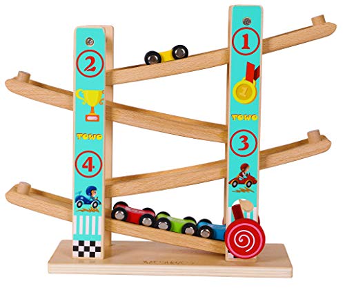 Towo Reines Holz Car Rampe - Zick-Zack-Auto-Rutschbahn mit 4 Holzautos Spielsets-Click Clack Track Holzautospielzeug für Kleinkinder -Rennen Autospielzeug für Kinder Jungen Mädchen 1 2 3 4 von Toys of Wood Oxford