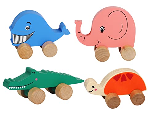 Toys of Wood Oxford TOWO Holzautos für Kleinkinder – Tiere auf Rädern – Fahrzeuge, sensorisches Greifmotorik-Spielzeug – Push and Go First Trucks für Babys ab 12 Monaten von Toys of Wood Oxford