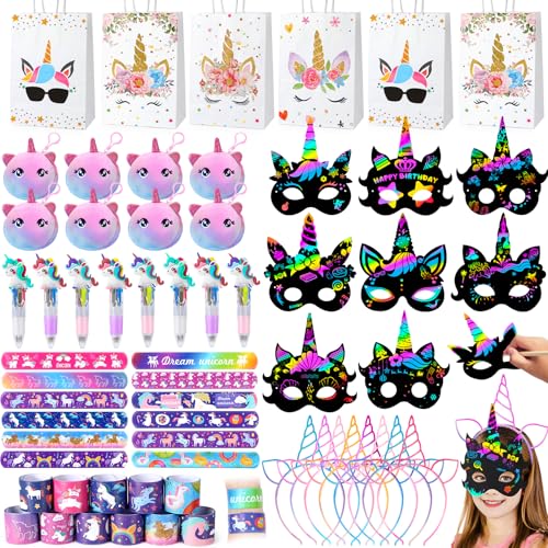 Einhorn Party Mitgebsel Kindergeburtstag Mädchen Einhorn Geldbörse Kinder Maske Kratzbilder 4 in1 Kugelschreiber Haarreif Schnapparmband Geschenktüten Give Away Mitbringsel Geburtstag Geschenke Kinder von Toyssa