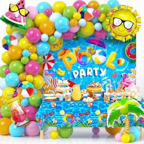 Pool Party Deko Beach Geburtstagsdeko Party Zubehör mit Luftballons Tropische Folienballon Banner Tischdecke Hawaii Deko Kindergeburtstag Dekoration Sommer Schwimmbad für Mädchen Jungen Kinder von Toyssa