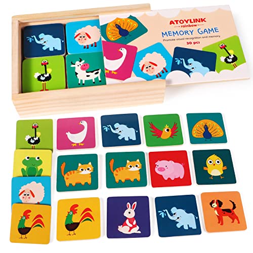 Toyssa 30Stk Holz Memory Spiel für Kinder ab 2 3 4 Jahre Tiere Lernspiele Memospiel Kartenspiel Montessori Spielzeug Pädagogisches Kinderspiel für Jungen Mädchen von Toyssa