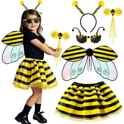 Toyssa Bienen Kostüm Kinder mit Biene Flügel Rock Stirnband Sonnenbrille Zauberstab, Bienenkostüm Kinder Flügel Kostüm für Mädchen Karneval Fasching Weihnachten Cosplay Halloween von Toyssa