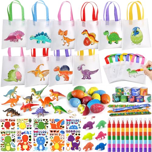 Toyssa Dino Party Mitgebsel Kindergeburtstag Stoffbeutel zum Bemalen für Kinder mit Taschen zum Bemalen Stapelbar Wachsmalstifte Dino Figuren Schnapparmband Pinata Füllung Give Aways Kindergeburtstag von Toyssa
