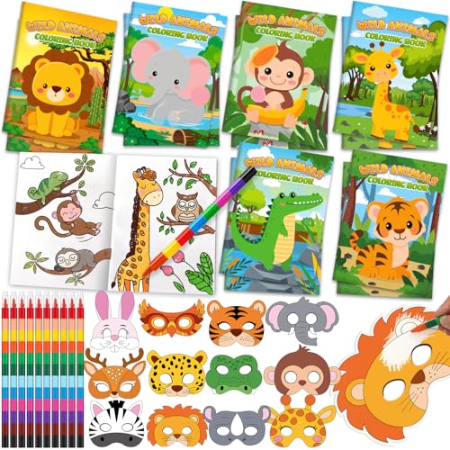 Toyssa Dschungel Tiere Party Mitgebsel Kindergeburtstag Gastgeschenke mit Malbuch Maske Geschenktüten Buntstift, Dschungel Tiere Give Aways Mitbringsel Kindergeburtstag für Kinder Jungen Mädchen von Toyssa
