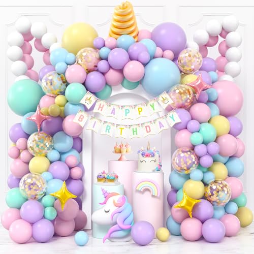 Toyssa Einhorn Geburtstagsdeko Mädchen, 174 Stück Einhorn Party Deko mit Happy Birthday Girlande Stern Folienballons Konfetti Luftballons, Unicorn Pastell Luftballon Girlande für Mädchen Kinder von Toyssa