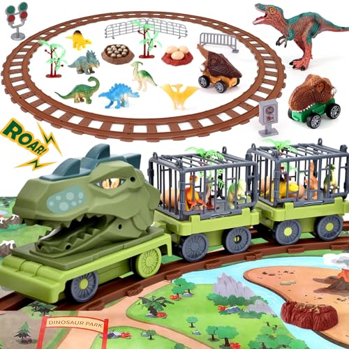 Toyssa Elektrische Dinosaurier LKW Spielzeug für Kinder Dino Transport mit Autorennbahn,Klang,Mini Dinosaurier Figuren,Dinosaur Truck Spielzeugauto Fahrzeug Geschenk Kinder Jungen 3 4 5 6 7 Jahre von Toyssa