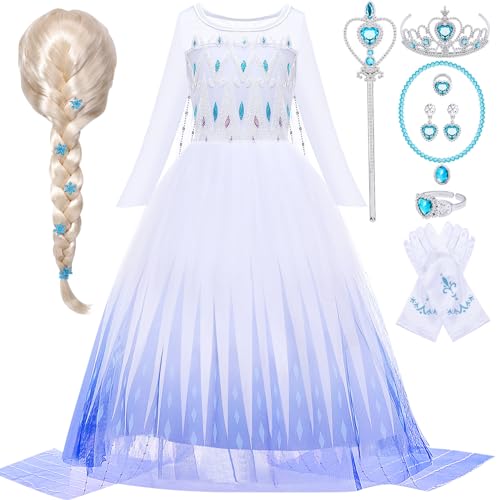 Toyssa Elsa Kostüm, Eiskönigin Prinzessin Kleid Mit Perücke, Krone, Zauberstab, Handschuhe für Mädchen 3-8 Jahre - Halloween, Karneval, Weihnachten, Geburtstag, Cosplay von Toyssa