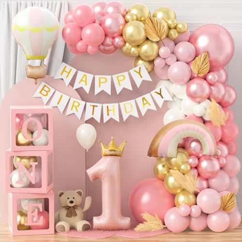 Toyssa Geburtstagsdeko 1 Jahr Mädchen Rosa, Deko 1. Geburtstag Mädchen mit Ballonbox Folienballons Happy Birthday Girlande, Luftballon Girlande Rosa für Erster Geburtstag Kinder von Toyssa