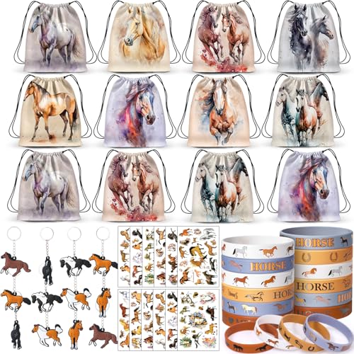 Toyssa Pferde Party Mitgebsel Kindergeburtstag Gastgeschenke mit Turnbeutel Pferde Silikon Armbänder Pferd Schlüsselanhänger, Give Aways Mitbringsel Kindergeburtstag für Kinder Jungen Mädchen von Toyssa