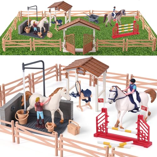 Toyssa Pferdestall Spielzeug mit Pferde Figuren, Reiterin Spielfiguren, Pferdezaun & Pferde Waschbereich, Reiterhof Horse Club Pferde Spielzeug Geschenk für Kinder Jungen 4 5 6 7 8 9 10 Jahren von Toyssa