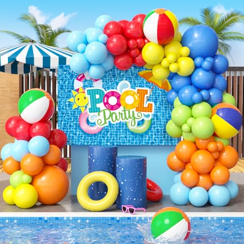 Toyssa Pool Party Deko Schwimmbad Sommer Beach Party Deko Kinder Erwachsener mit Bunte Ballons Luftballon Girlande Wasserball Hintergrund, Poolparty Regenbogen Deko Hawaii Deko Geburtstagsdeko von Toyssa