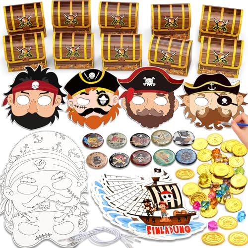 Toyssa Piraten Mitgebsel Kindergeburtstag Gastgeschenke mit Piratenmasken Rundabzeichen Einladungskarte Geschenkboxen Piratenschatz Goldmünzen Pinata Füllung Give Aways Kindergeburtstag Junge Mädchen von Toyssa