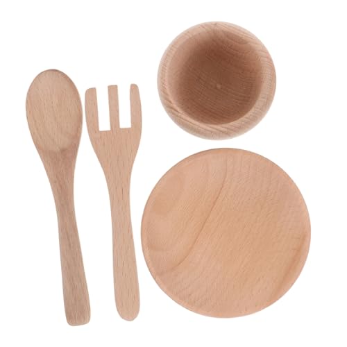 Toyvian 1 Satz Montessori Holzspielzeug Set Küchenspielzeug mit Realistischen Kochutensilien und Geschirr Lernspielzeug für Rollenspiele mit Holzgabel Holzlöffel und Tellern für von Toyvian