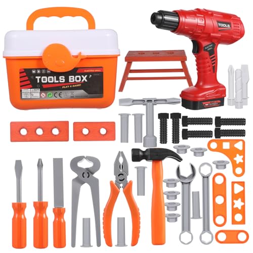 Toyvian 1 Set Box Elektrische Bohrmaschine Werkzeugkasten Kit Sandkasten Spielzeugautos Karte Akku Handbohrmaschine Produkt LKW Bolzen Spielzubehör Tinker Bin Bulldozer Kette von Toyvian