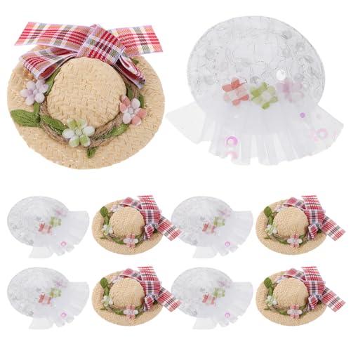 Toyvian 10 Stück Mini-Sombrero-Strohhüte, Basteln, Miniatur-Puppen-Spitzenhut, verkleiden Sie Sich, gewebte Kappe mit Schleife und Blume für DIY-Plüschtier-Kostümzubehör von Toyvian