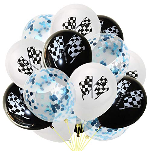 Toyvian 15 STÜCKE Checkered Flaggen Konfetti Luftballons Feier Latex Luftballons für Rennwagen Party (Weiß Schwarz und Blau) von Toyvian