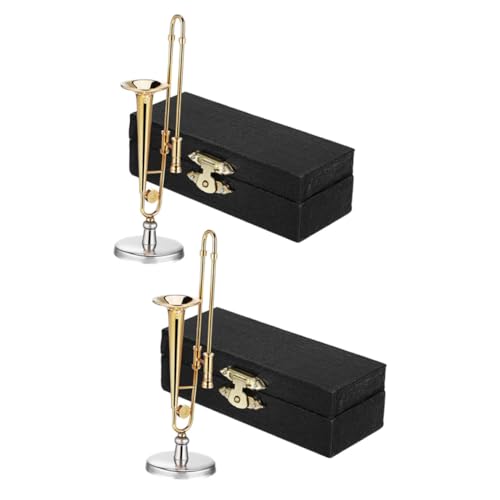 Toyvian 2 Sätze Miniatur Posaune Maßstab Mini Trombone Figurine Modell mit Ständer und Schwarzem Etui Platzsparend Tragbar für Musikliebhaber und Puppenhäuser von Toyvian