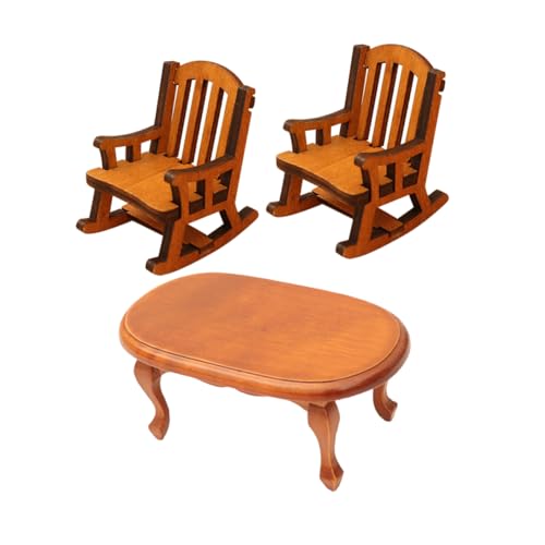 Toyvian 3 Miniatur Holzmöbel für Puppenhaus mit Braunem Ovalem Beistelltisch und Schaukelstühlen Stabile Verarbeitung Vintage Design für Wohnzimmer Dekoration und DIY Sammler von Toyvian