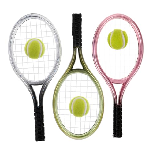 Toyvian 3 Sätze Miniatur Tennisracket Teilig Realistische Puppenhaus Deko mit Mini Tennisbällen Robuste Leichte Tischdekoration für Sammler und Doll Accessories von Toyvian