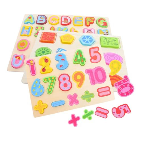 Toyvian 3 Stück Teiliges Montessori Holzpuzzle Buchstaben Zahlen Formen Lernspiel Ergonomische Handgriff Tafel Vorschule Frühförderung für Kleinkinder Jungen Mädchen von Toyvian