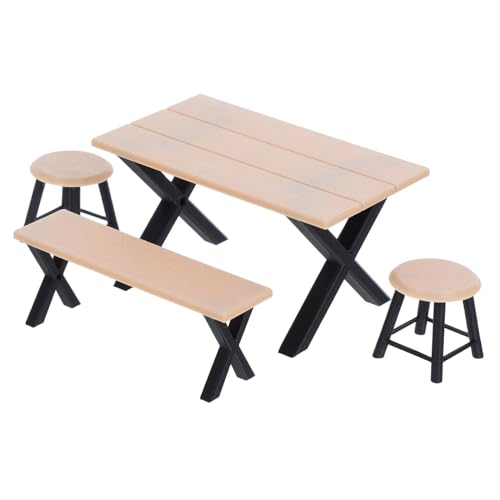 Toyvian 4 Stück Teiliges Miniatur Gartenmöbel Set mit Langem Tisch Bank und Runden Hockern Realistische Puppenhaus Landschaftsdekoration Kinderfreundlich Fördert Kreativität und Motorische von Toyvian