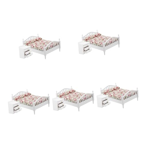 Toyvian 5 Sätze Puppenhausbett Schlafzimmer zubehör Retro Styles Funky Möbel Nachttische Puppenhaus-Bett-Modell Mini-Hausbett das Bett Requisiten Doppelbett Puppenbett schmücken Stoff von Toyvian