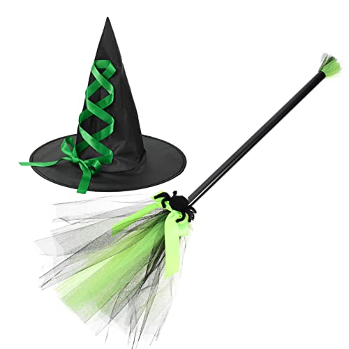Toyvian Halloween- Hexenbesen- Hut- Set, Halloween- Hexenhut mit fliegendem Hexenbesen für Kinder, Halloween- Hexenkostüm- Zubehör (Grün) von Toyvian