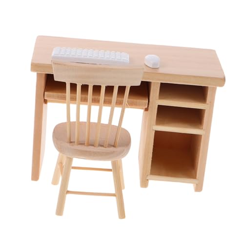 Toyvian Miniatur Büro Schreibtisch mit Tastatur und Puppenhaus Möbel Modell Modernes Holzstuhl Zubehör für Kreative Rollenspiele und Sammlungen Kompakt und Transportabel von Toyvian
