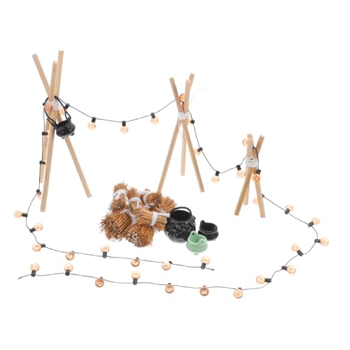 Toyvian Miniatur Feuerstelle Outdoor Puppenhaus Zubehör mit Kessel und Holzgestell Realistische Halloween Dekoration für Puppenhaus und Festliche Partygestaltung von Toyvian