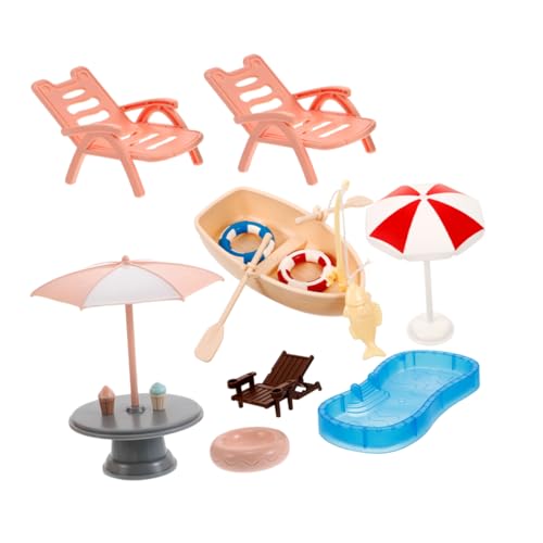 Toyvian Miniatur Strandspielset mit Pool Sonnenschirm Strandstuhl und Boot Realistisches Set für Puppenhaus DIY Feengarten Dekoration Vielseitig für Drinnen und Draußen von Toyvian