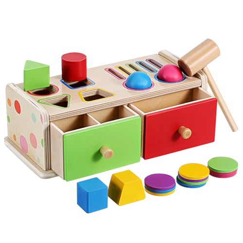 Toyvian Montessori-Holzspielzeug Für Kleinkinder Ab 1 Jahr – Farbsortierspielzeug Form-Matching-Box Kugel-Fall-Schlagspielzeug Montessori-Spardose Mit Schublade Für Frühes Lernen von Toyvian