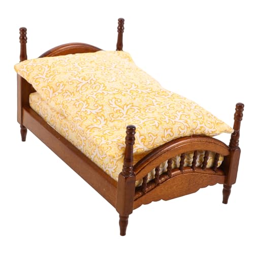 Toyvian Puppenhausbett Aus Holz: Miniatur-möbelzubehör Mit Stoffbettwäsche, Realistisches Kissen, Winziges Europäisches Schlafzimmerdekor, Mini-rollenspielspielzeug Für Mädchen Und Kinder von Toyvian