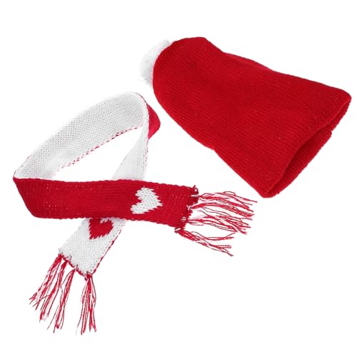 Toyvian Weihnachtsmütze Strickmütze Teilig Mini Hut und Schal aus Wollgarn für DIY Puppen Basteln und Weihnachtsdeko Rot mit Herzschal von Toyvian