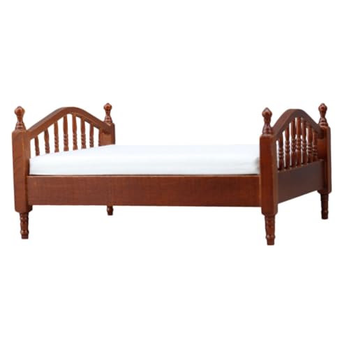 Toyvian puppenhaus doppelbett Mini-Puppenhausbett Miniaturbettwäsche Miniatur Holzbett winzige Hausmöbel Miniaturmöbelmodell Miniatur-Möbelbett Playhouse Möbelbettspielzeug Stoff Braun von Toyvian