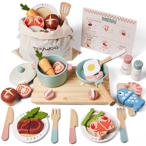 Küchenzubehör Set aus Holz, Töpfe und Pfannen Set für Kinder, Küchenset mit Spielzeugherd, Küchensets für Kleinkinder, Lebensmittelspielzeug für Kleinkinder, 3-5 von Toywoo