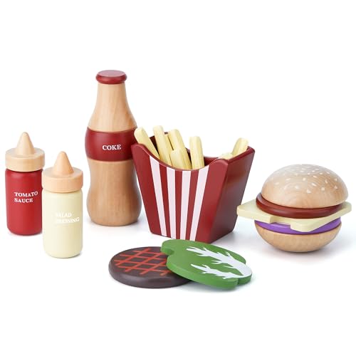 Toywoo Wooden Play Food for Kids Pretend Hamburger Set Fast Food ToyPlay Kitchen Accessories for Toddlers Toy Food Gift for Boys Girls Educational Toys von Toywoo