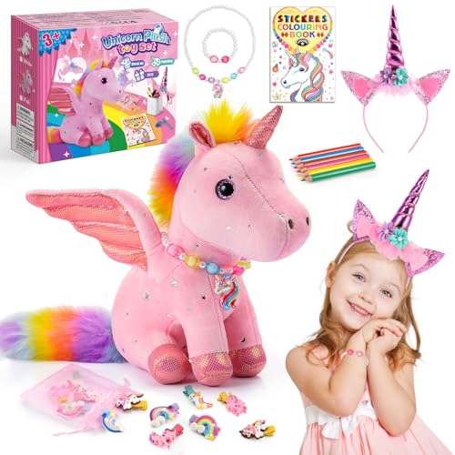 Einhorn-Plüschtier-Set für Mädchen, rosa Stofftier mit Regenbogen-Zubehör, Malbuch und Stirnband, ab 3 Jahren von Toyze
