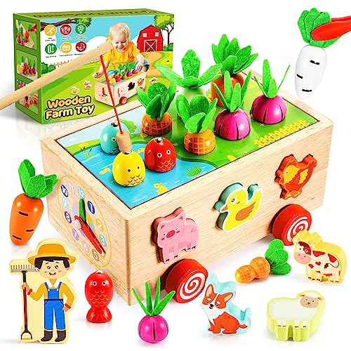 Toyzey Montessori Spielzeug ab 1-5 Jahre Junge Mädchen, 8-in-1 Bauernhof Holzspielzeug ab 1-5 Jahre Geschenk Junge Mädchen 1-5 Jahre Baby Spielzeug 1-5 Jahre Motorikspielzeug Angelspiel Ostergeschenke von Toyzey