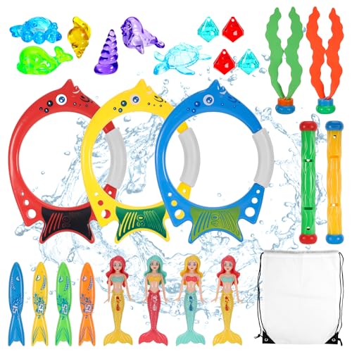TranRantic 26 Stück Tauchspielzeug für Kinder, Sommertag Tauchringe, Schwimmbad Spielzeug mit Tauchtiere und Meerjungfrau, Pool Spielzeug Kinder für Unterwasserspiele und Poolpartys von TranRantic