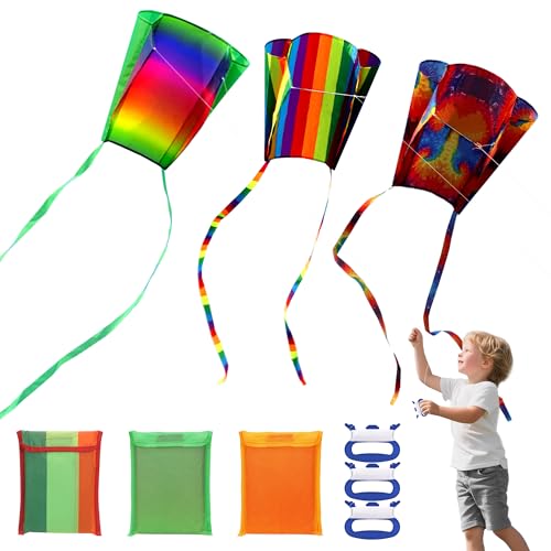TranRantic 3 Stück Taschendrachen für Kinder, Regenbogen Drachen für Jungen Mädchen mit Langen Schwänzen, Tragbar Lenkdrachen für Anfänger, Einfacher Kinderdrachen für Strandspiel Outdoor Geschenk von TranRantic
